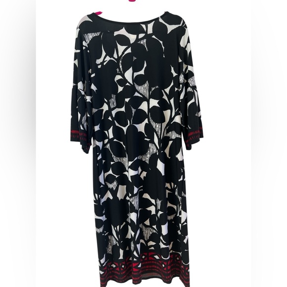 Periwinkle 16W Black White Abstract Midi Dress Red Border Hem 3/4 Sleeve Career - Picture 2 of 4